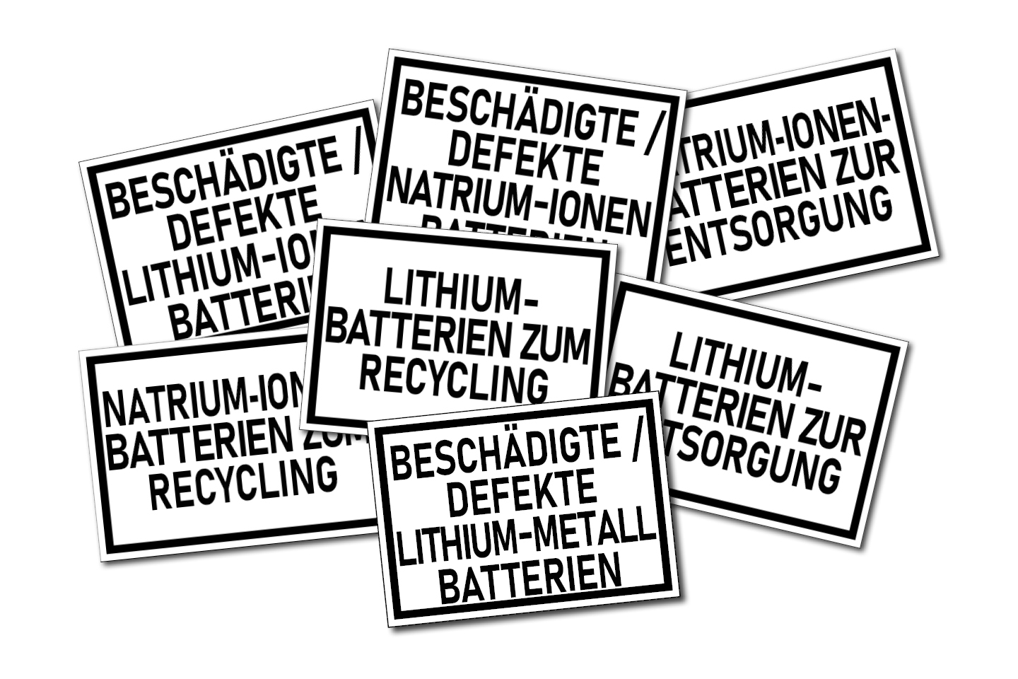 ADR-konforme Etiketten für Lithium- und Natrium-Ionen-Batterien zur Entsorgung, Recycling und beschädigte Batterien