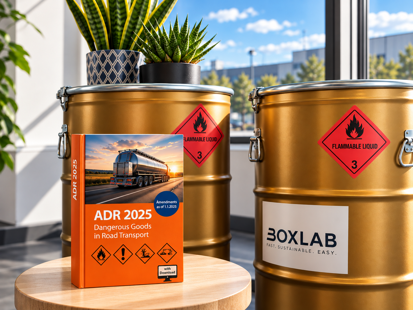 ADR 2025 handbook with dangerous goods packaging and hazard labels