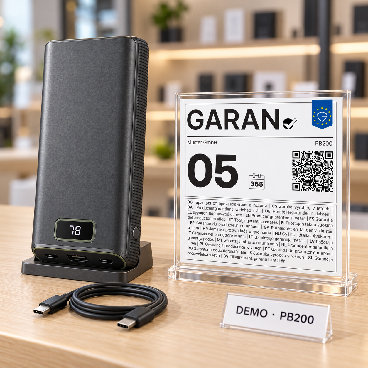 GARAN-Label in einer Produktpräsentation mit Powerbank