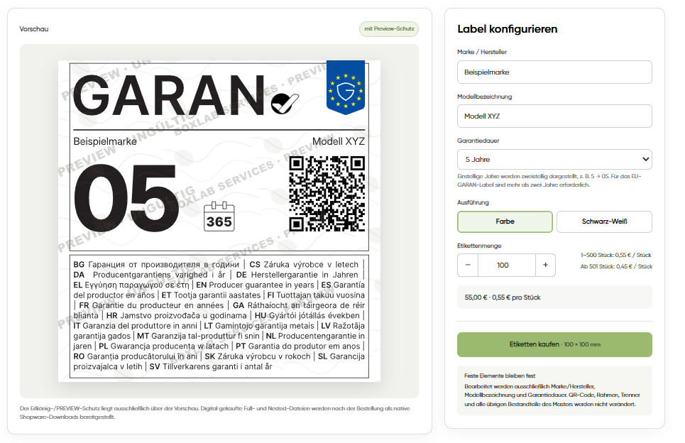 BOXLAB GARAN – garan studio label konfigurator etiketten