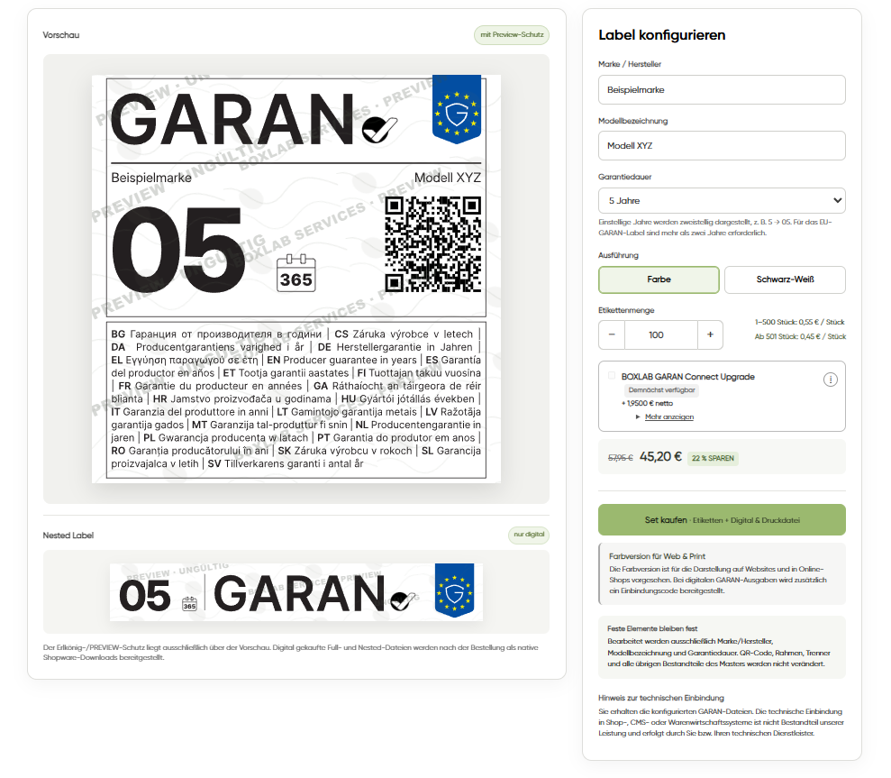 BOXLAB GARAN – garan studio label konfigurator set