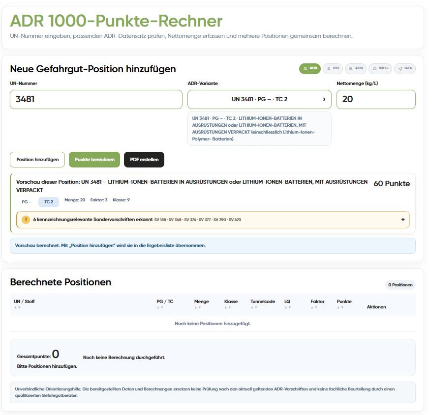 BOXLAB ADR 1000-Punkte-Rechner mit UN-Nummer, ADR-Datensatz und Punkteberechnung